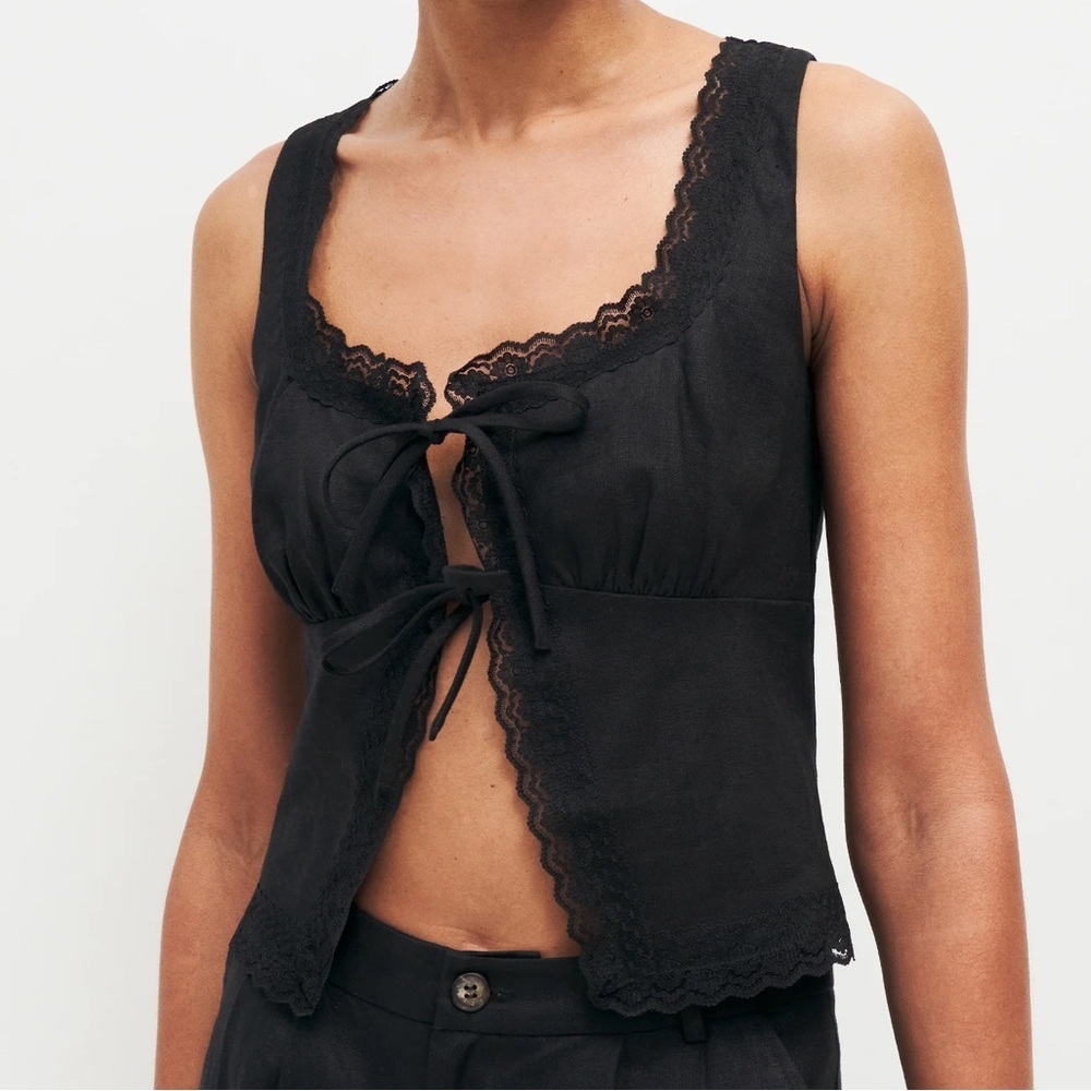 Reformation Rosalie Linen Lace Tie Bow Square Sleeveless Tank Cami Top Black